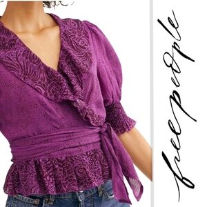 NEW Free People Olivia Purple Printed Wrap Top Blouse Large Viscose
